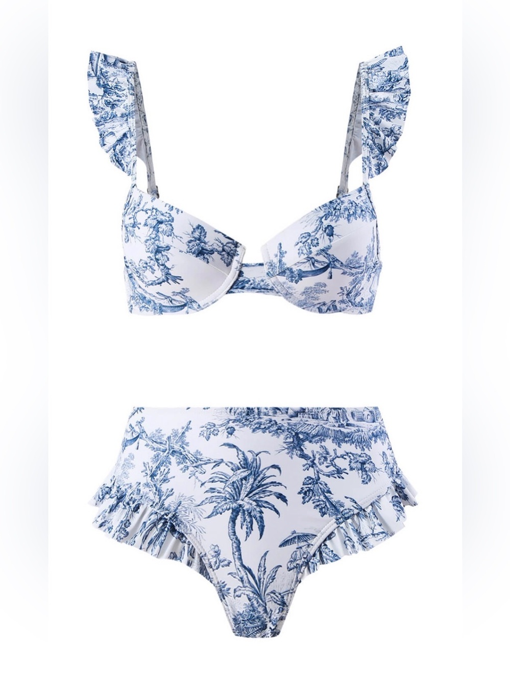 Floral Toile Blue & White Ruffle Bikini Set
